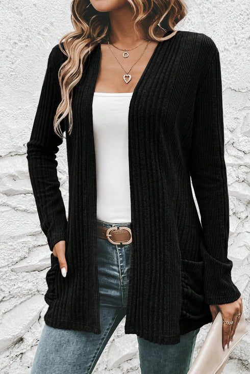 Ribbed Open Front Patch Pocket Long Sleeve Knit Cardigan